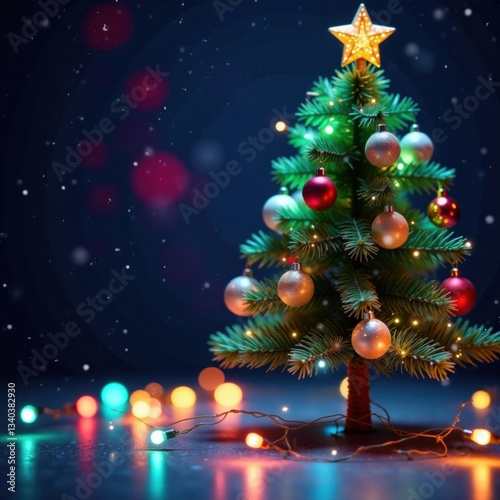 Colorful Christmas tree with sparkly ornaments and glowing string lights scattered around the base , shiny lights, indoor, baubles