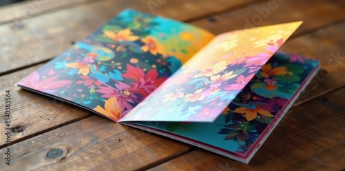 Colorful foldable brochure lying on a wooden table, desk, brochure