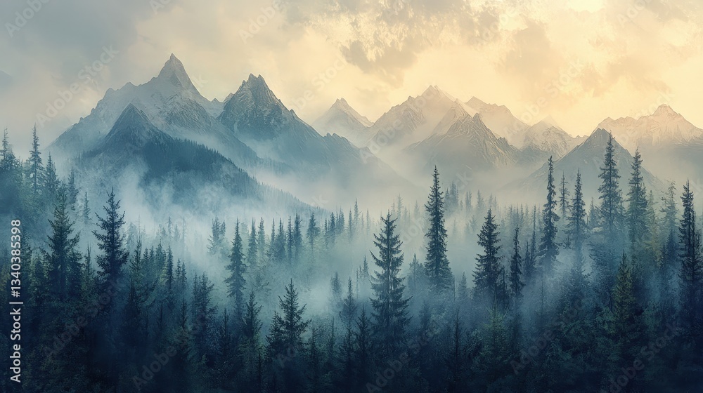 Obraz premium Misty forest with towering pine trees shrouded in fog.