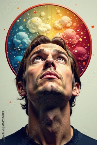 Contemplative face with furrowed brow and upward gazing eyes within a circular thought bubble, focused, thoughtful, mental imagery