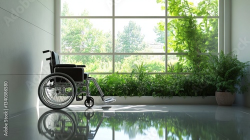 A Wheelchair Rests By A Sunlit Window Overlooking Lush Greenery, Offering A Serene And Hopeful View Of Natures Peacefulness