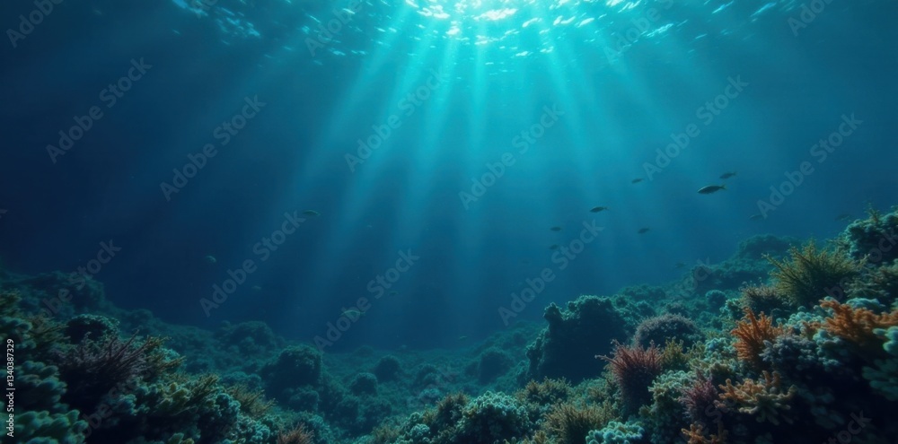 Fototapeta premium Dark blue ocean surface with scattered seaweed and small fish swimming in the distance, underwater, seaweed