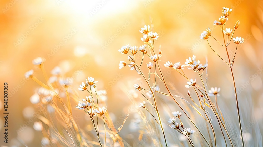 Macro flowers landscapes concept. A serene field of delicate white flowers basking in warm sunlight. Macro flowers landscapes concept. A serene field of delicate white flowers basking in warm sunlight.
