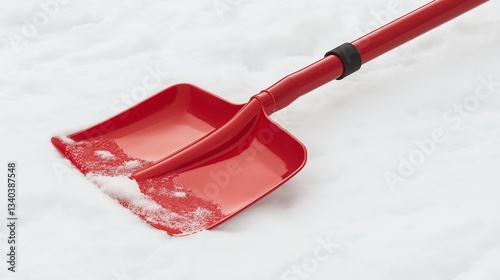 A vibrant red snow shovel rests on the pristine white snow, ready for winter tasks and outdoor activities. photo