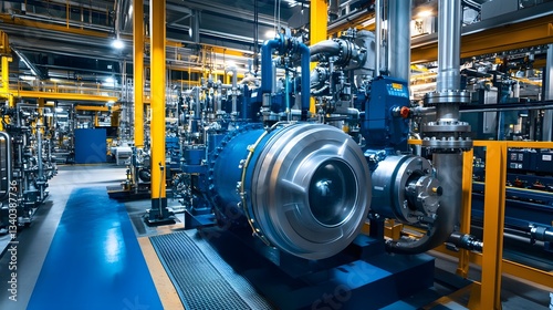 A large industrial plant with a large blue and silver machine in the middle. The machine is surrounded by pipes and valves photo