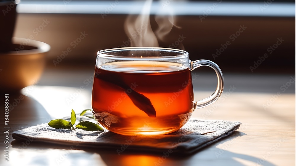 Steaming cup of tea on wooden table in sunlight. (1) Steaming cup of tea on wooden table in sunlight. (1)
