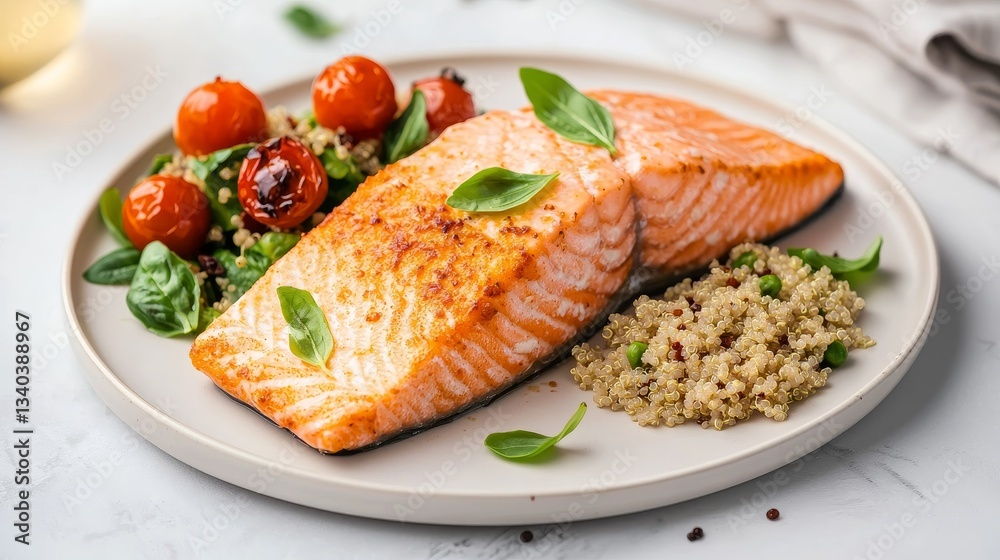 Salmon fillet with crispy skin concept. Grilled salmon with cherry tomatoes and quinoa on a plate. Salmon fillet with crispy skin concept. Grilled salmon with cherry tomatoes and quinoa on a plate.