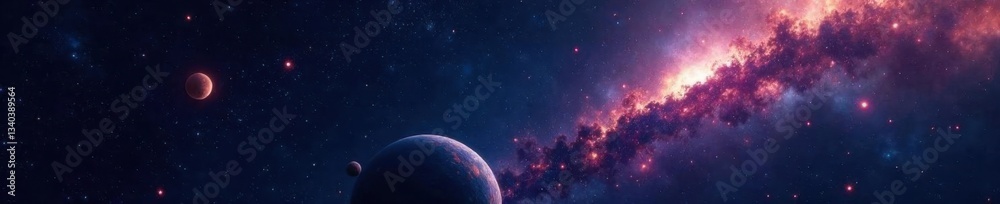 Obraz premium Dark Space with Sparkling Stars and Planets in Orbit, stars, astronomy