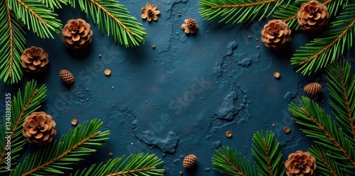 Dark shale background with fir branch arrangement and pinecones, winter decoration, seasonal decoration