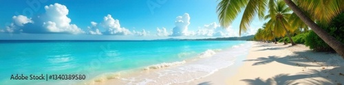 soft blue ocean wave on sandy beach with palm trees, blue water, ocean waves