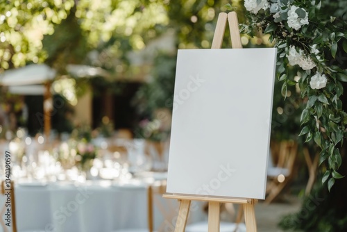 A blank white welcome sign mockup, size is 24 by 36 inches in portrait orientation, on an easel during a wedding party.