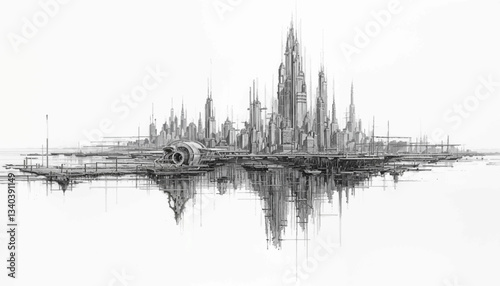 Intricate Futuristic Floating City Sketch with Complex Architectural Details