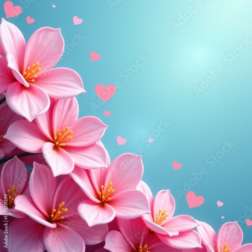 Soft pink floral wave with tiny hearts floating in a dreamy blue background, pastel colors, feminine