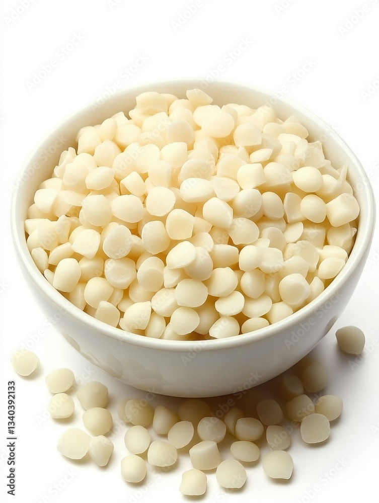 Creamy white chocolate chips in a ceramic bowl on a white background offering a sweet treat for baking and dessert making Creamy white chocolate chips in a ceramic bowl on a white background offering a sweet treat for baking and dessert making