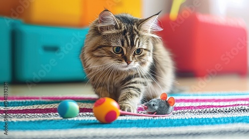 Playful Cat Engaging with Colorful Toys and a Gray Mouse on a Brightly Colored Rug