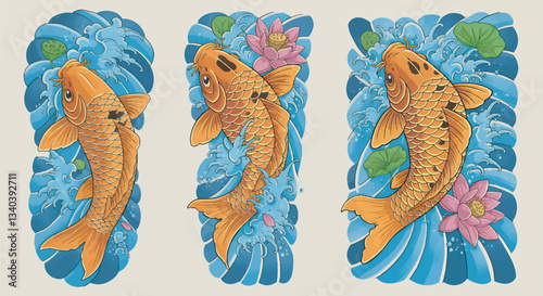 Japanese Koi Fish Tattoo Design with Blue Waves