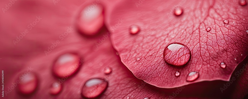 Fototapeta premium Macro flowers landscapes concept. Close-up of fresh red rose petals with dew drops glistening on the surface.