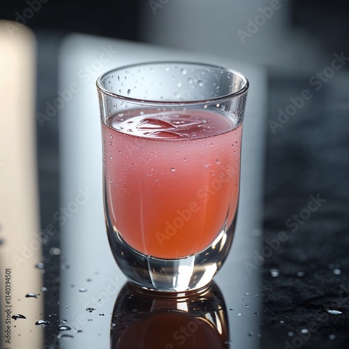 Wallpaper Mural A slender, delicate, transparent glass cup, partially filled with a vibrant and revitalizing drink, showcasing subtle condensation droplets on its surface, placed centrally on a sleek, high-gloss  Torontodigital.ca