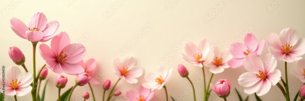 Delicate spring flowers unfurl against a soft cream backdrop, greenery, flora Delicate spring flowers unfurl against a soft cream backdrop, greenery, flora