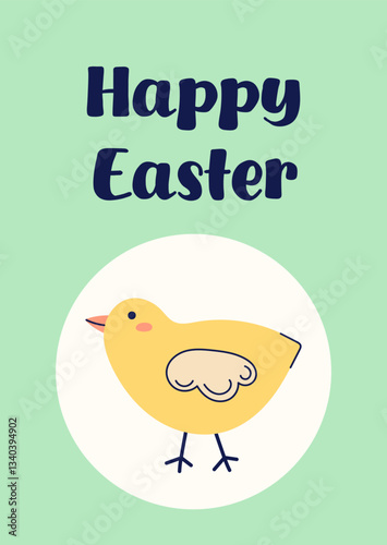 Happy Easter simple card with chicken. Design with text on green background. Happy Easter hand drawn card. Flat illustration with partial outline. Vector illustration.