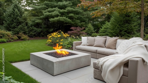 A fire pit is surrounded by a lawn and a couch. The fire is lit and the couch is covered with a white blanket