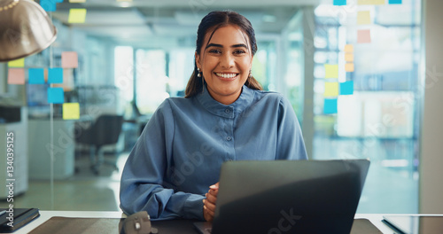 Business, woman and smile with laptop in office for article proofreading, editing news publication and planning. Editor, portrait and tech at creative agency for info verification and online research