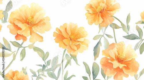 Watercolor marigold floral arrangement soft pale orange delicate petals botanical illustration elegant garden flowers nature painting digital art intricate brush strokes artistic graceful design