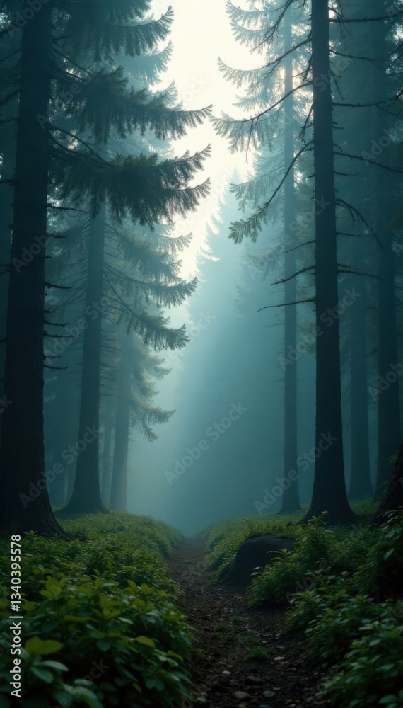 Naklejka premium Dense fir forest in misty morning, soft light filters through trees , atmosphere, firs