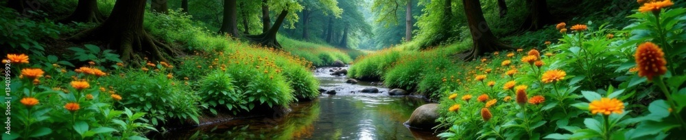 Dense foliage surrounds a meandering stream lined with vibrant wildflowers, woodland, landscape, forest Dense foliage surrounds a meandering stream lined with vibrant wildflowers, woodland, landscape, forest