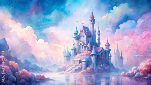 Watercolor fairytale castle reflected in water with pink and blue clouds, dreamy fantasy architecture and landscape painting