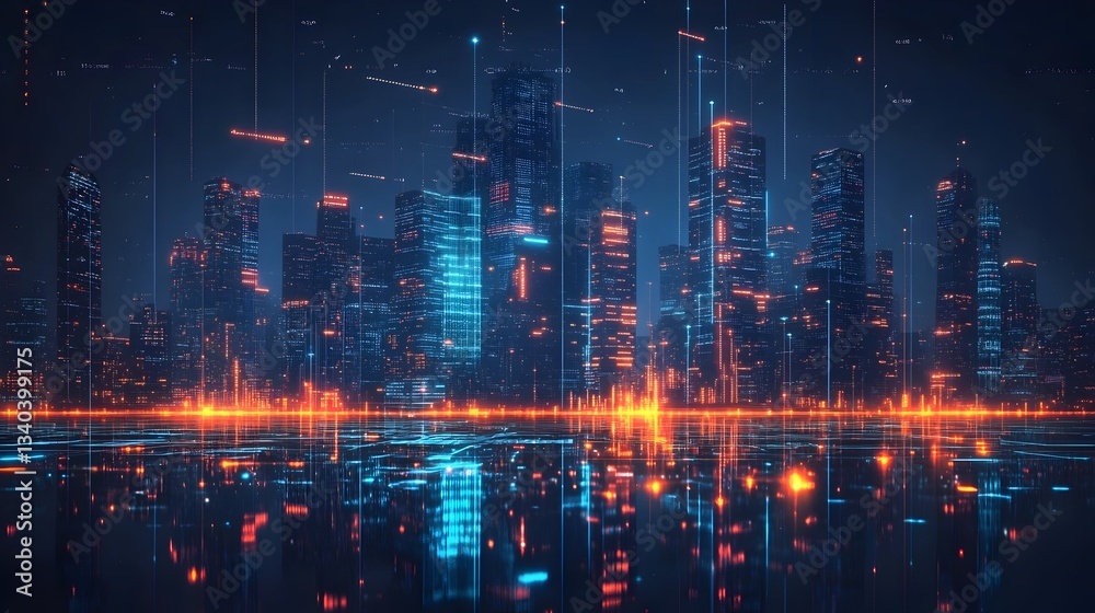 Fototapeta premium Futuristic smart city skyline with glowing digital connections, modern skyscrapers illuminated by technology, concept of innovation, artificial intelligence, and big data. 