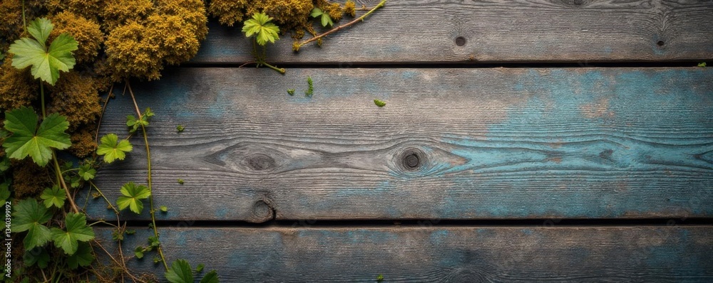 Fototapeta premium Distressed wooden plank with lichen and vines , grunge, wooden texture