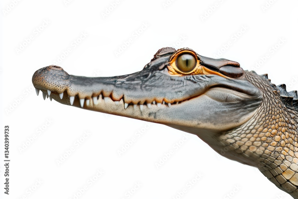 Fototapeta premium Close-up of a crocodile showcasing its sharp teeth and detailed scales against a white background.
