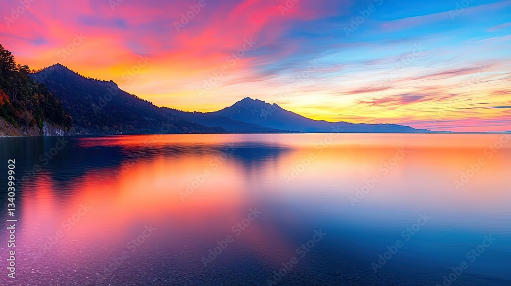 Mountain range landscapes concept. Vibrant sunset reflects on serene water, with mountains silhouetted against a colorful sky. Mountain range landscapes concept. Vibrant sunset reflects on serene water, with mountains silhouetted against a colorful sky.