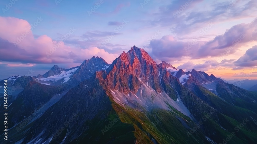 Obraz premium Mountain range landscapes concept. Stunning mountain peak illuminated by sunset, showcasing nature's breathtaking beauty.