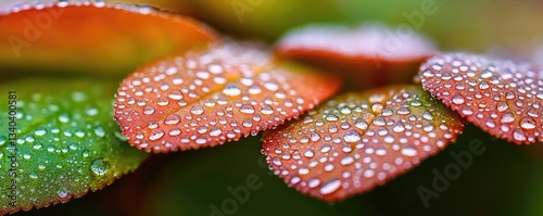 National park scenic landscapes idea. Close-up of vibrant leaves adorned with dew drops after a refreshing rain.