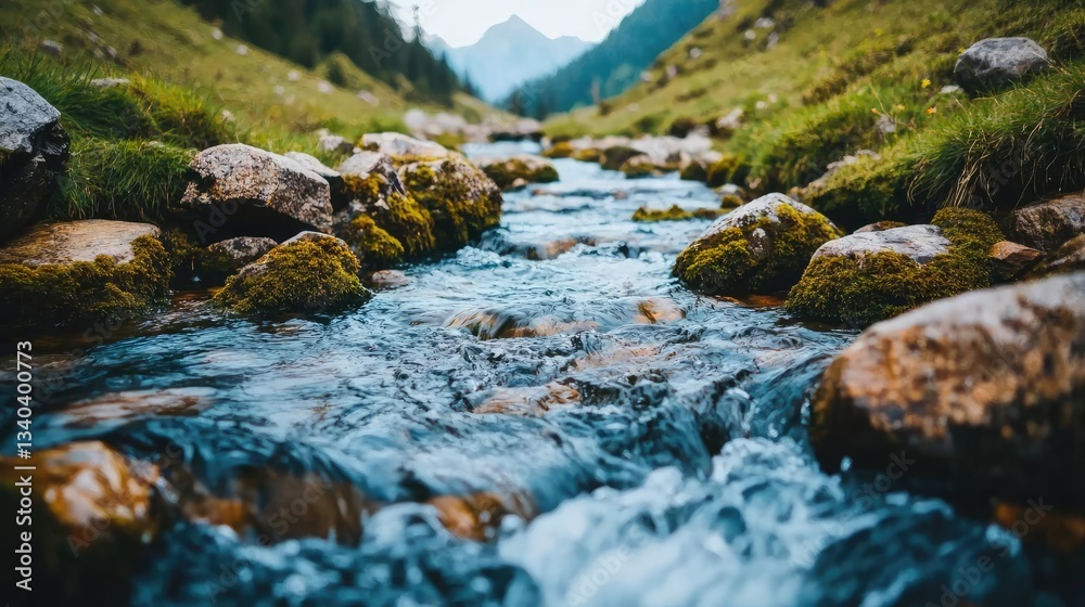 National park scenic landscapes idea. A serene mountain stream flowing over smooth stones in a lush green valley. National park scenic landscapes idea. A serene mountain stream flowing over smooth stones in a lush green valley.