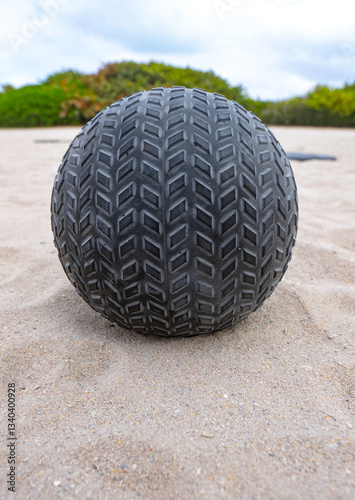 Sport slam ball workout. Slam ball training outdoors. Slam ball fitness background. Slam ball workout on sand. photo