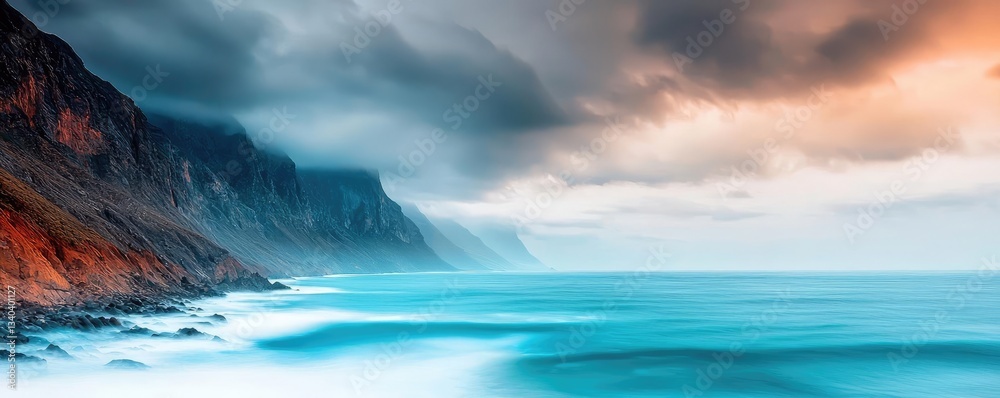 Naklejka premium National park scenic landscapes idea. Serene coastal landscape with dramatic cliffs and tranquil waters under moody skies.