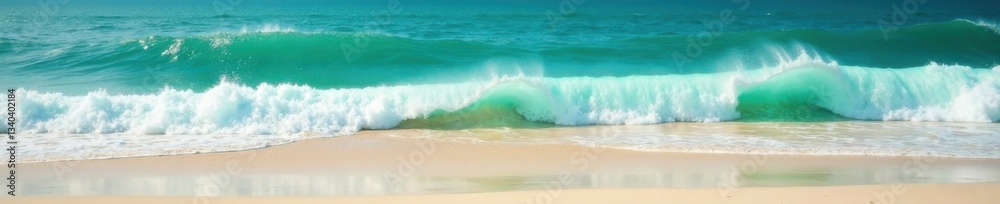 Fototapeta premium Emerald green ocean waves crash against sandy coastline , green-blue waves, coastal