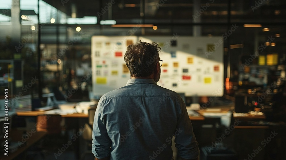 Man in a shirt looking at a whiteboard in the office Man in a shirt looking at a whiteboard in the office