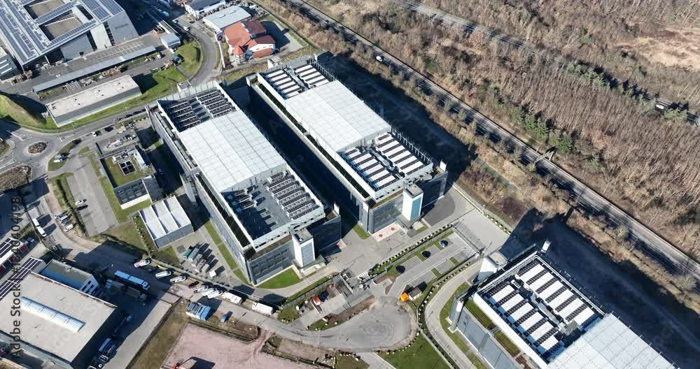 Aerial view of the NTT Global Data Centers Rechenzentrum Frankfurt 3 in Russelsheim am Main, Germany