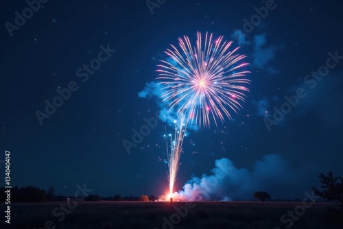 Explosive energy in the sky as a single blue firework detonates, atmosphere, detail