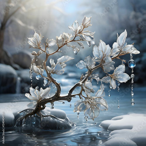 Metamorphosis of Icy Sleet to Flowing Liquid, Symbolizing Transformation, Resilience, and Natures Rejuvenation