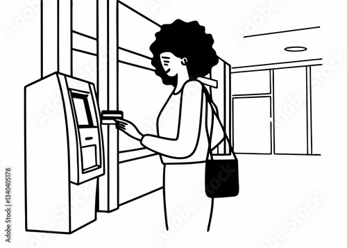 African american woman using atm machine and a credit card