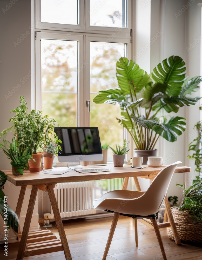 Fototapeta premium Scandinavian-style workspace with neutral tones