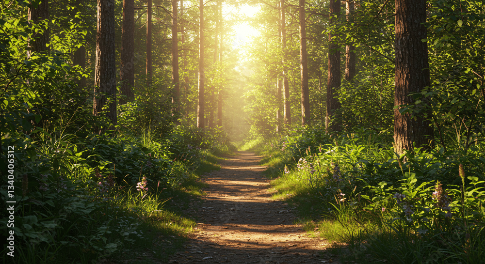 Obraz premium Mental Spring, Sunlit forest path surrounded by lush greenery and wildflowers