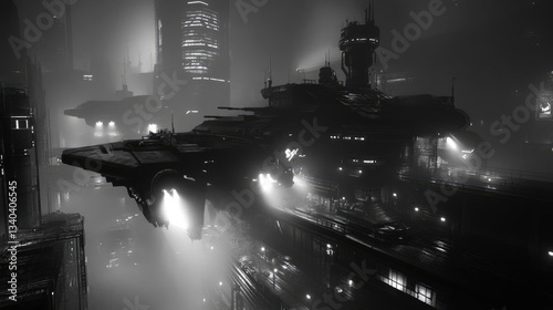 Monochrome Spaceship Above A Foggy Futuristic City At Nighttime Cityscape Hovering Above Urban Landscape Of Tall Buildings And Towers Architectural Marvels At Twilight Featuring A Cinematic Flying