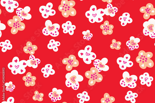Hand drawn hearts nestled within graceful floral blooms in a color palette of white, cream and pink on red background. Valentine’s Day seamless vector pattern. Great for home decor, fabric, wallpaper.