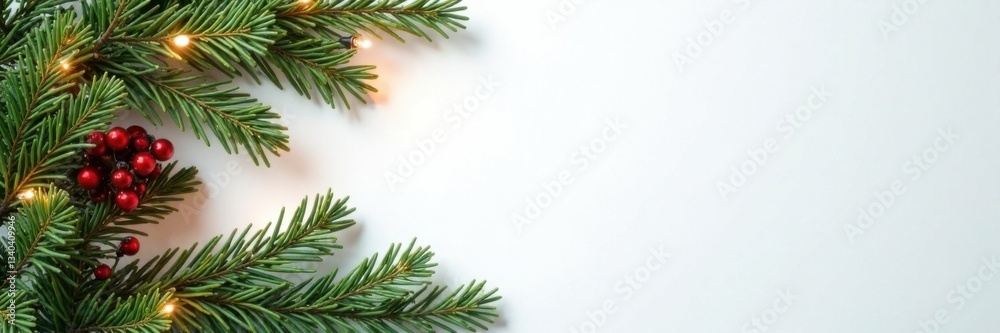 Freshly cut evergreen branches with ornaments and lights against a plain white background, evergreen, ornaments Freshly cut evergreen branches with ornaments and lights against a plain white background, evergreen, ornaments